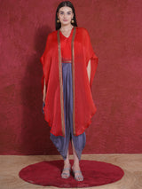 RED ASH DHOTI DRAPE WITH FREE FALL FUSION EMBROIDER CAPE