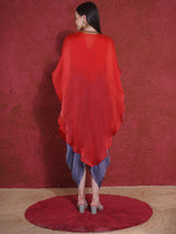 RED ASH DHOTI DRAPE WITH FREE FALL FUSION EMBROIDER CAPE
