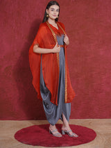 FLAME FALL DHOTI DRAPE WITH FREE FALL FLORAL EMBROIDER CAPE