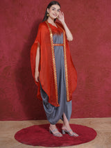 FLAME FALL DHOTI DRAPE WITH FREE FALL FLORAL EMBROIDER CAPE