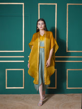 GOLDEN SAGE DHOTI DRAPE WITH FREE FALL FLORAL EMBROIDER CAPE