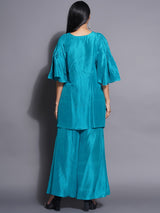 PEACOCK PHANTOM PLEATED TOP WITH FLARED PANT CO-ORD SET