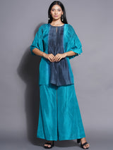 PEACOCK PHANTOM PLEATED TOP WITH FLARED PANT CO-ORD SET