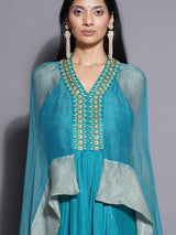 PEACOCK MIST Y NECK FLUID GOWN WITH CAPE