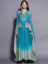PEACOCK MIST Y NECK FLUID GOWN WITH CAPE