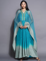 PEACOCK MIST Y NECK FLUID GOWN WITH CAPE