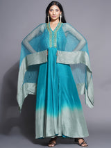 PEACOCK MIST Y NECK FLUID GOWN WITH CAPE