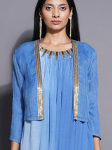 FROSTED SAPPHIRE SHRUG WITH DHOTI DRAPE GOWN