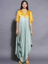 GOLDEN SAGE ASYMMETRIC COWL DRESS