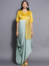 GOLDEN SAGE ASYMMETRIC PANNELED COWL DRESS