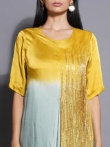 GOLDEN SAGE ASYMMETRIC PANNELED COWL DRESS