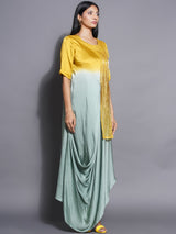 GOLDEN SAGE ASYMMETRIC PANNELED COWL DRESS