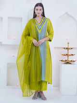 LIME DRIFT CHEVRON EMBROIDER STRAIGHT KURTA SET