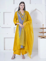 GOLDEN GREY CHEVRON EMBROIDER STRAIGHT KURTA SET