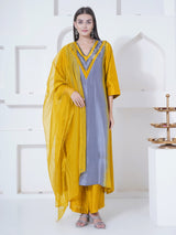 GOLDEN GREY CHEVRON EMBROIDER STRAIGHT KURTA SET