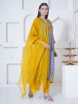 GOLDEN GREY CHEVRON EMBROIDER STRAIGHT KURTA SET