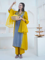 GOLDEN GREY CHEVRON EMBROIDER STRAIGHT KURTA SET