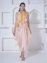 PEACH PATAKA DHOTI DRAPE WITH WATERFALL SHRUG