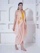 PEACH PATAKA DHOTI DRAPE WITH WATERFALL SHRUG