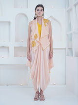 PEACH PATAKA DHOTI DRAPE WITH WATERFALL SHRUG