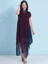 MIDNIGHT MERLOT JEWEL NECLINE HANDKERCHIEF DRESS