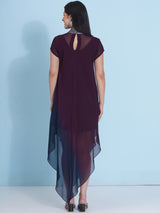 MIDNIGHT MERLOT JEWEL NECLINE HANDKERCHIEF DRESS
