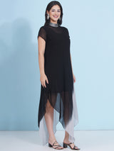 BLACK BRILLIANCE JEWEL NECLINE HANDKERCHIEF DRESS