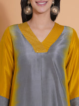 GOLDEN GREY PEACOCK CUT KURTA SET