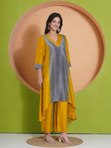 GOLDEN GREY PEACOCK CUT KURTA SET