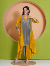 GOLDEN GREY PEACOCK CUT KURTA SET