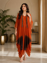 RUST RADIANCE DHOTI DRAPE DRESS WITH FREE FALL FUSION EMBROIDER CAPE