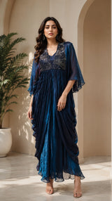 METALLIC MIDNIGHT GOWN WITH JEWEL DRAPE CAPE