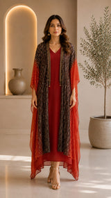 RUST RADIANCE SEQUIN KAFTAN CAPE WITH DRESS