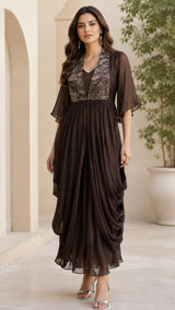 METALLIC MOONLIT GOWN WITH JEWEL DRAPE CAPE