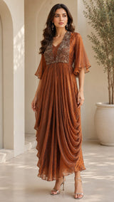 METALLIC BRONGE GOWN WITH JEWEL DRAPE CAPE
