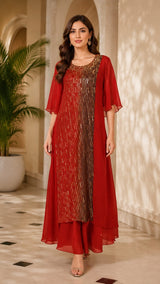 RUST RADIANCE SEQUIN LAYERED A-LINE CAPE WITH GOWN