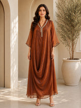 METALLIC BRONGE JEWEL DRAPE DRESS