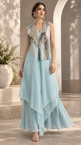 GLACIER BLUE SILVER EMBROIDERED CAPE AND A-LINE FLARED GOWN