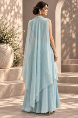 GLACIER BLUE SILVER EMBROIDERED CAPE AND A-LINE FLARED GOWN