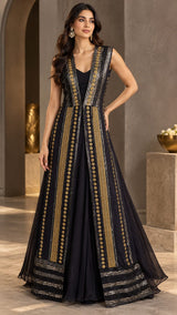 METALLIC MIDNIGHT ANTIQUE EMBROIDERED CAPE AND A-LINE FLARED GOWN