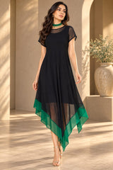 BLACK EMERALD JEWEL NECLINE HANDKERCHIEF DRESS