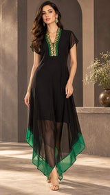 BLACK EMERALD V NECLINE HANDKERCHIEF DRESS