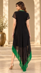BLACK EMERALD V NECLINE HANDKERCHIEF DRESS