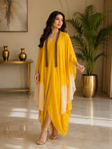 GOLDEN GLOW DHOTI DRAPE DRESS WITH FREE FALL FUSION EMBROIDER CAPE