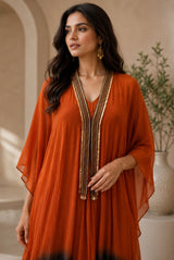 RUST RADIANCE DHOTI DRAPE DRESS WITH FREE FALL FUSION EMBROIDER CAPE