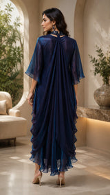 METALLIC MIDNIGHT GOWN WITH JEWEL DRAPE CAPE