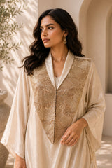 CHAMPAGNE GLOW REGAL DRAPE DRESS WITH STARLIT WORK CAPE