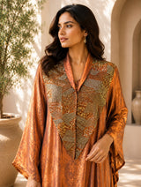 METALLIC BRONGE REGAL DRAPE DRESS WITH STARLIT WORK CAPE