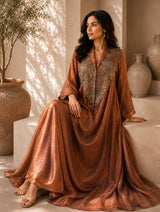 METALLIC BRONGE REGAL DRAPE DRESS WITH STARLIT WORK CAPE