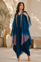 TEAL TITANIUM DHOTI DRAPE DRESS WITH FREE FALL FUSION EMBROIDER CAPE